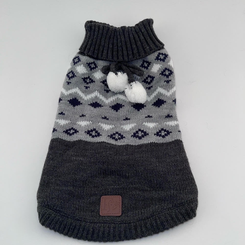 Friends Forever Gray Pom Pom Dog Sweater Size Medium Fair Isle Turtleneck